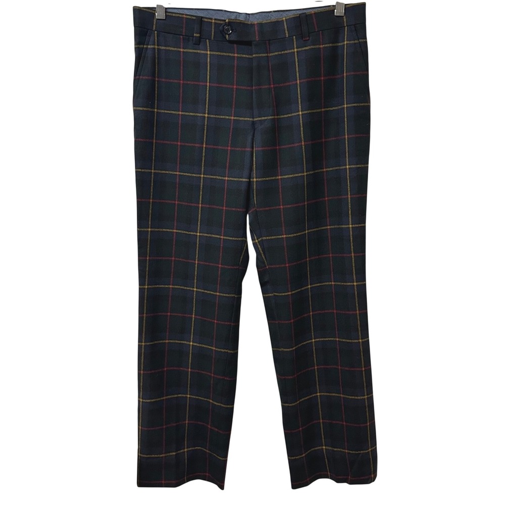 Tommy Hilfiger Men's 100% Wool Plaid Dress Pants Navy Green Red 34x30
